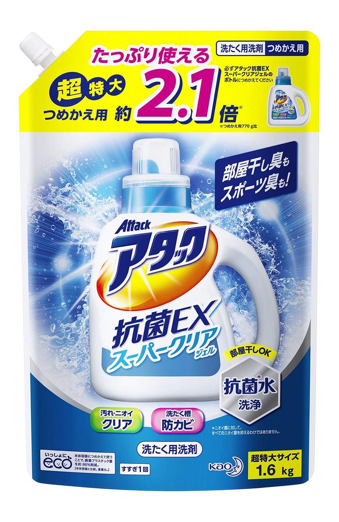 Attack Antibacterial EX Super Clear Gel Laundry Detergent, Liquid, Refill, 1.6kg