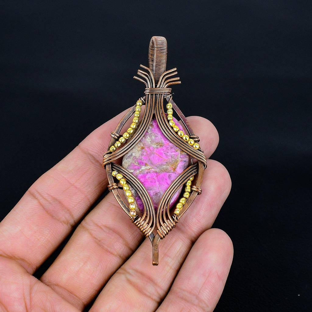 Pink Cobalt 999 Copper Wire Wrapped Pendant, Handmade Gemstone Jewelry Pendant Gift For Birthday