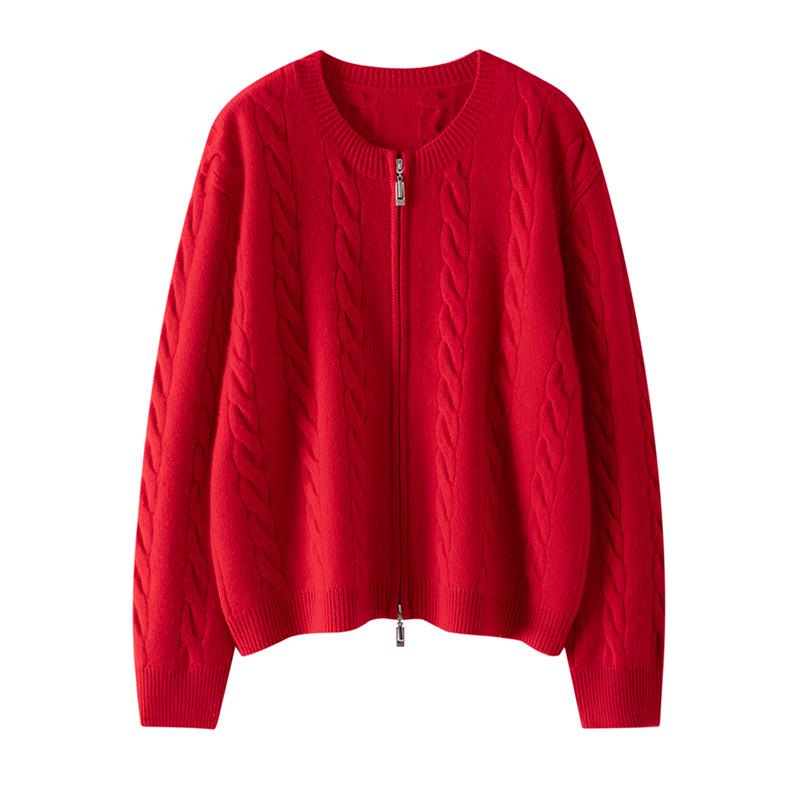 Women's Thick Cable Knit Cashmere Cardigan - Round Neck Zipper Sweater for Autumn/Winter
