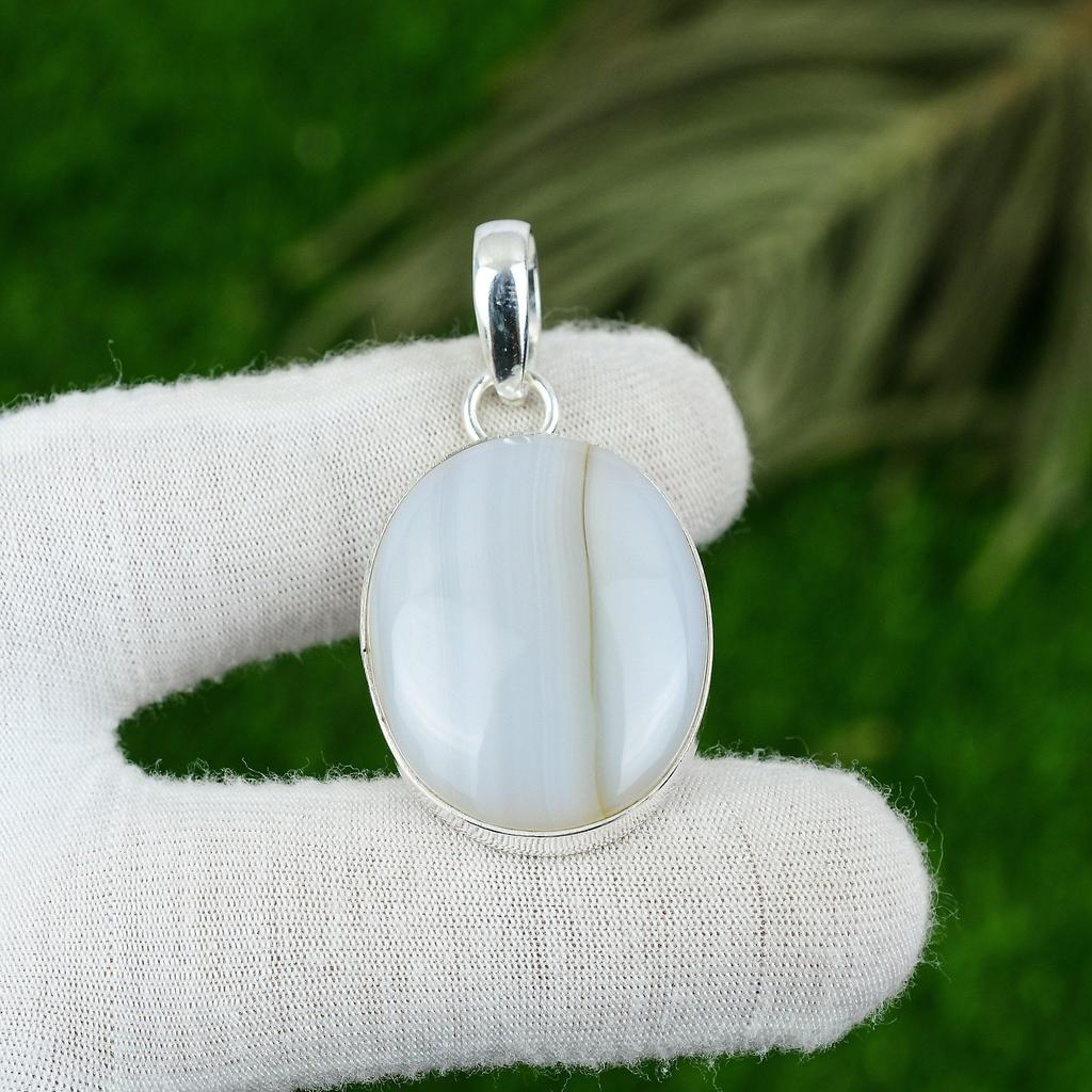 Oval Botswana Agate Stone Daughter Unique Bezel Pendant Jewelry Sterling Silver
