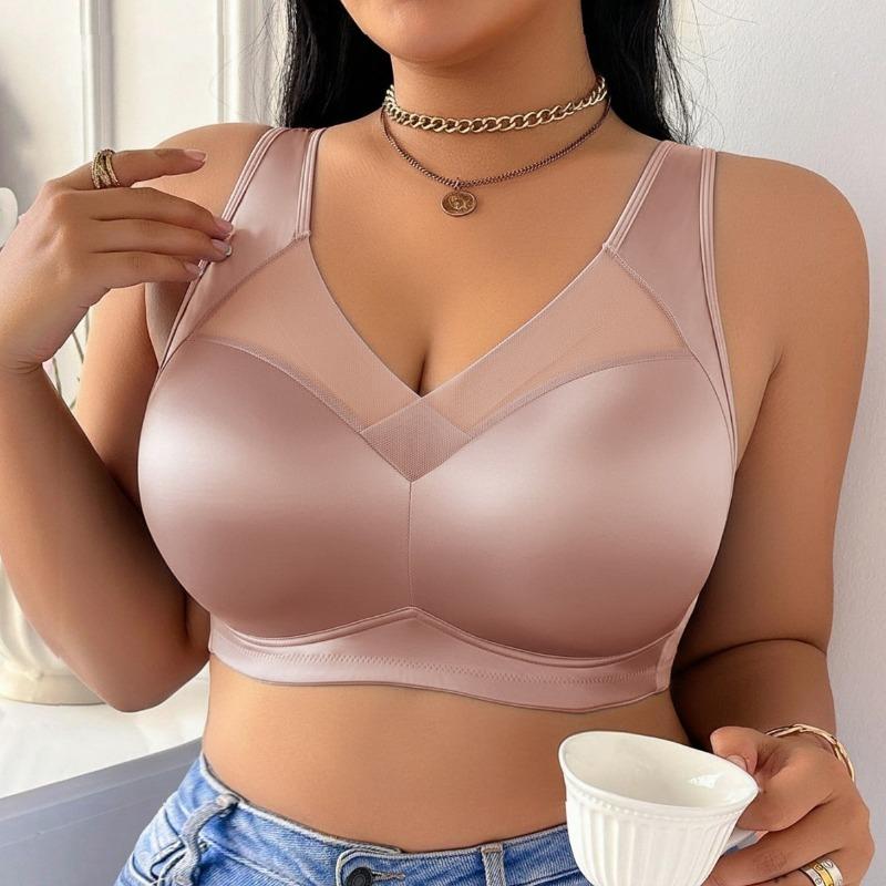Sutiã Sem Fio Costurado com Renda Profunda em V para Mulheres Plus Size