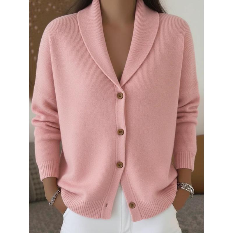 Damen S Strick Cardigan V-Ausschnitt Knopf Langarm Locker Faul Stil Einfarbig Pullover