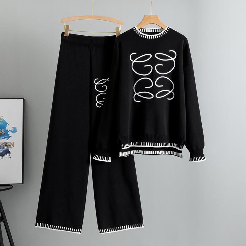Women's Plus Size Autumn New Two-piece Fashion Casual Wide Leg Pants Loose Round Neck Simple Knit Suit