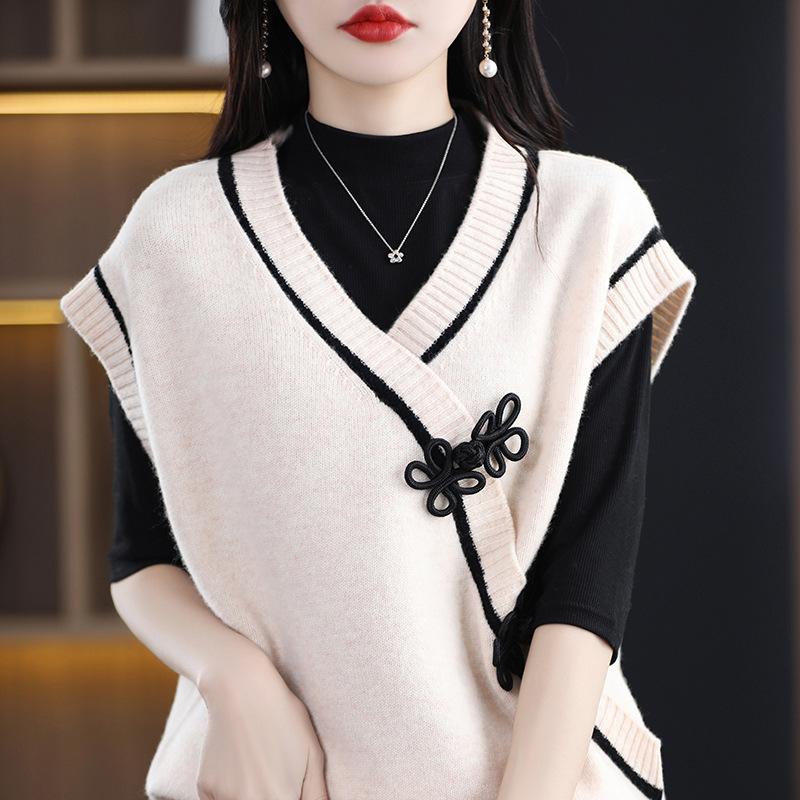 Color Block Button Front Vest, Casual Sleeveless Dual Pockets Knit Vest for Spring & Fall, Women's Clothing