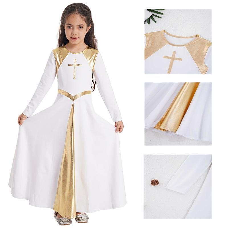 

Kids Girls Metallic Shiny Contrast Color Long Sleeve Dance Dress Patchwork Style Church Party Dress 3-4 Years білий