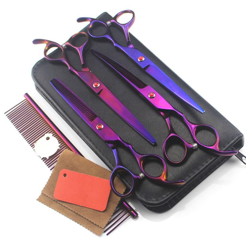 

Профессиональный 5 комплектов, японская сталь, 7 дюймов, фиолетовые ножницы для ухода за домашними собаками, филировочные парикмахерские ножницы для собак, набор парикмахерских ножниц