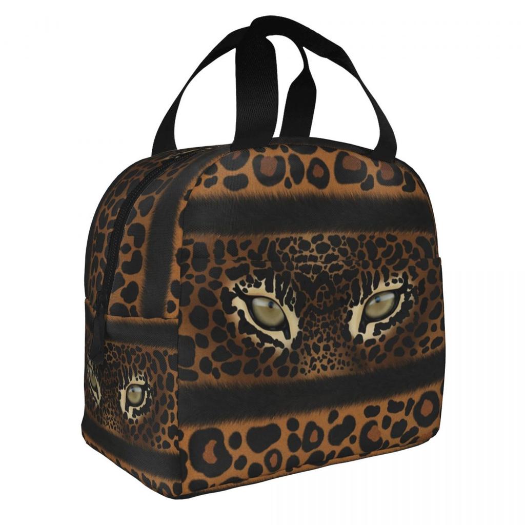 Custom Brown Animal Leopard Print Insulated Lunch Bags for Women Leopard Eyes Portable Cooler Thermal Food Lunch Box Children