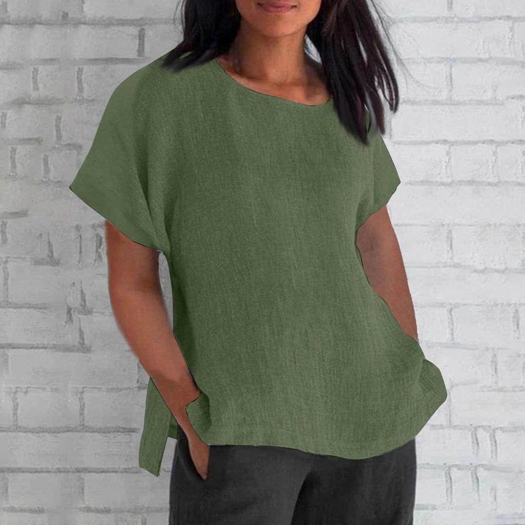 Women's Fashion Short Sleeve Round Neck Solid Colour Loose Casual Shirt Cotton Blouse