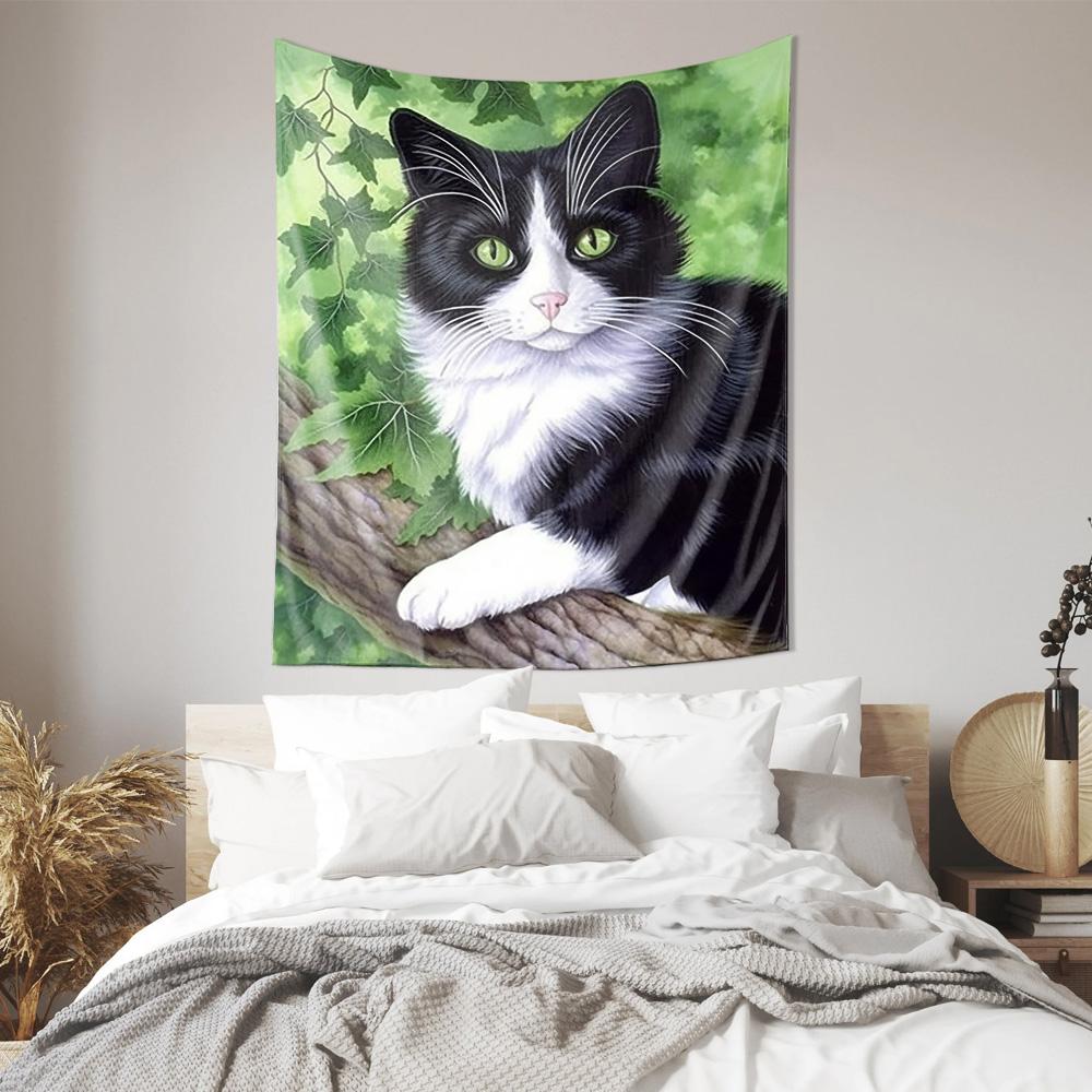 Elegant CowPatterned Cat Tapestry Black  White  Green Leaf Background Ideal Home Decor