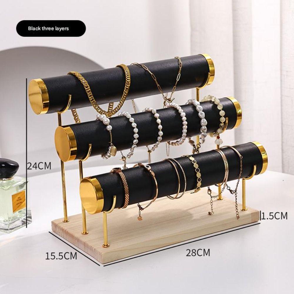 Upgraded 3 Tier Bracelet Organizer Stand Wooden Flannel Wrap Jewelry Display Stand Detachable Metal Necklace Storage Rack Women