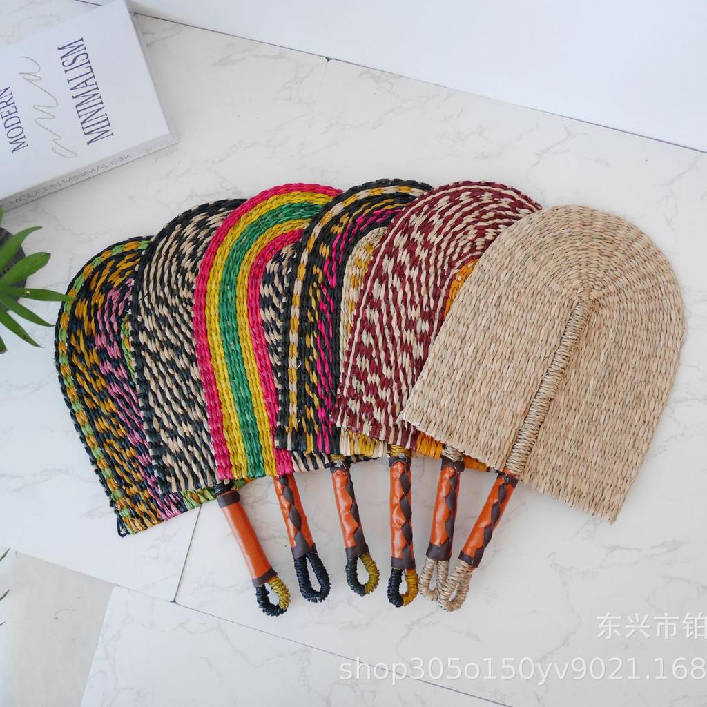 Seagrass Woven Straw Fan Wall Hanging Simple Elements Colored Wall Decoration Daily Summer Hand Crank Fan