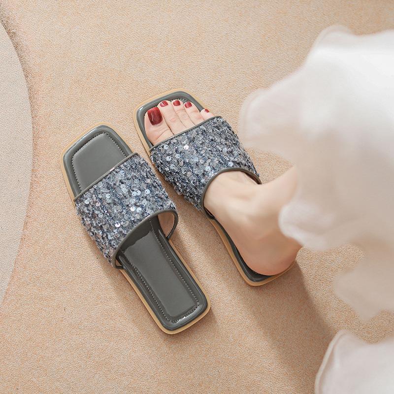 

Sequin one-word flat bottom large size soft sole out fashion summer new seaside beach shoes 42 срібний