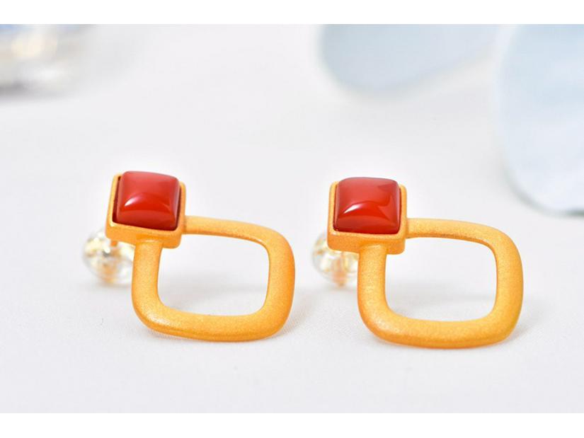 Gold-Plated Square Hollow 925 Sterling Silver Earrings with Southern Red Agate and Certificate for Women