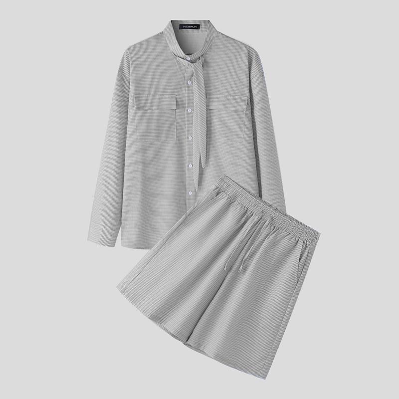 INCERUN Two Pieces Men Stand Neck Striped Long Sleeve Shirts Short Pants Casual Sets