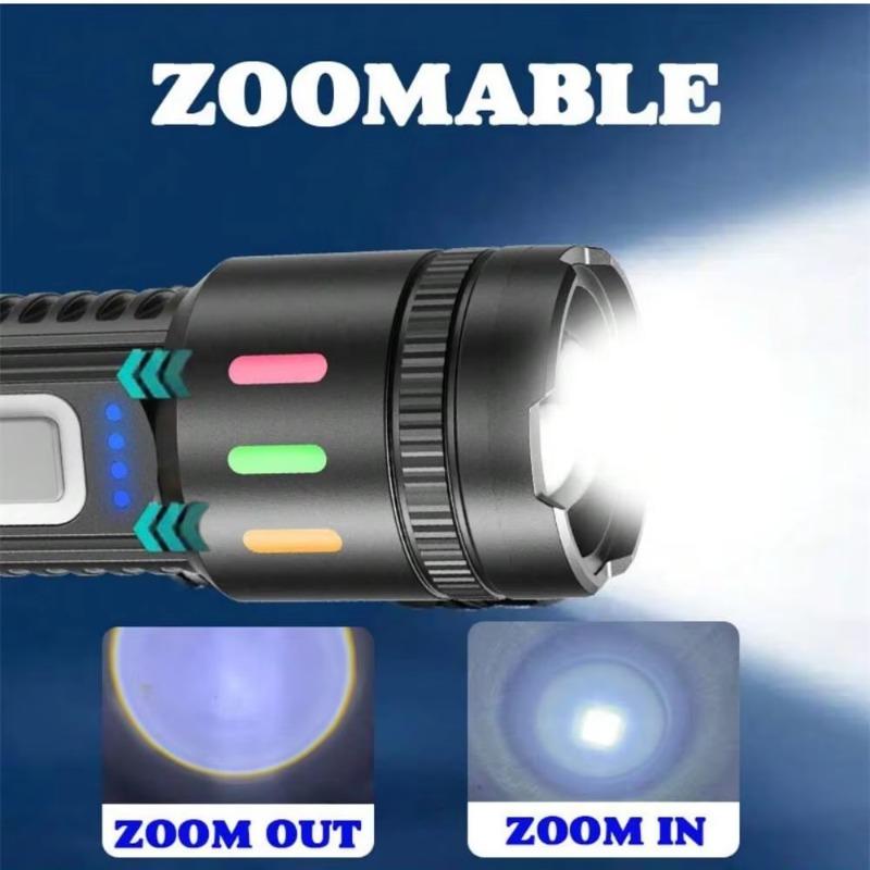 High Power LED Handheld Flashlight with Power Display, Strong Light & Side Light, Bright Torch for Camping, Hiking and Outdoor Emergency Use