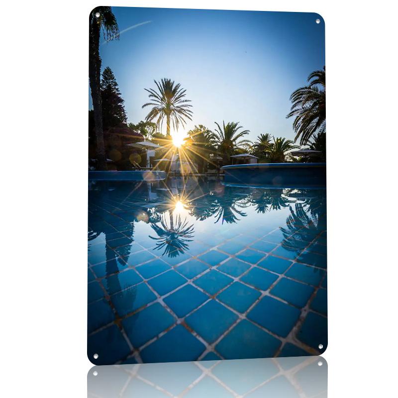 Pool Sunrise Poster Retro D Printed Metal Signs Customized Wall Hanging Gift for Home Decor Living Room Decoration Gaming House