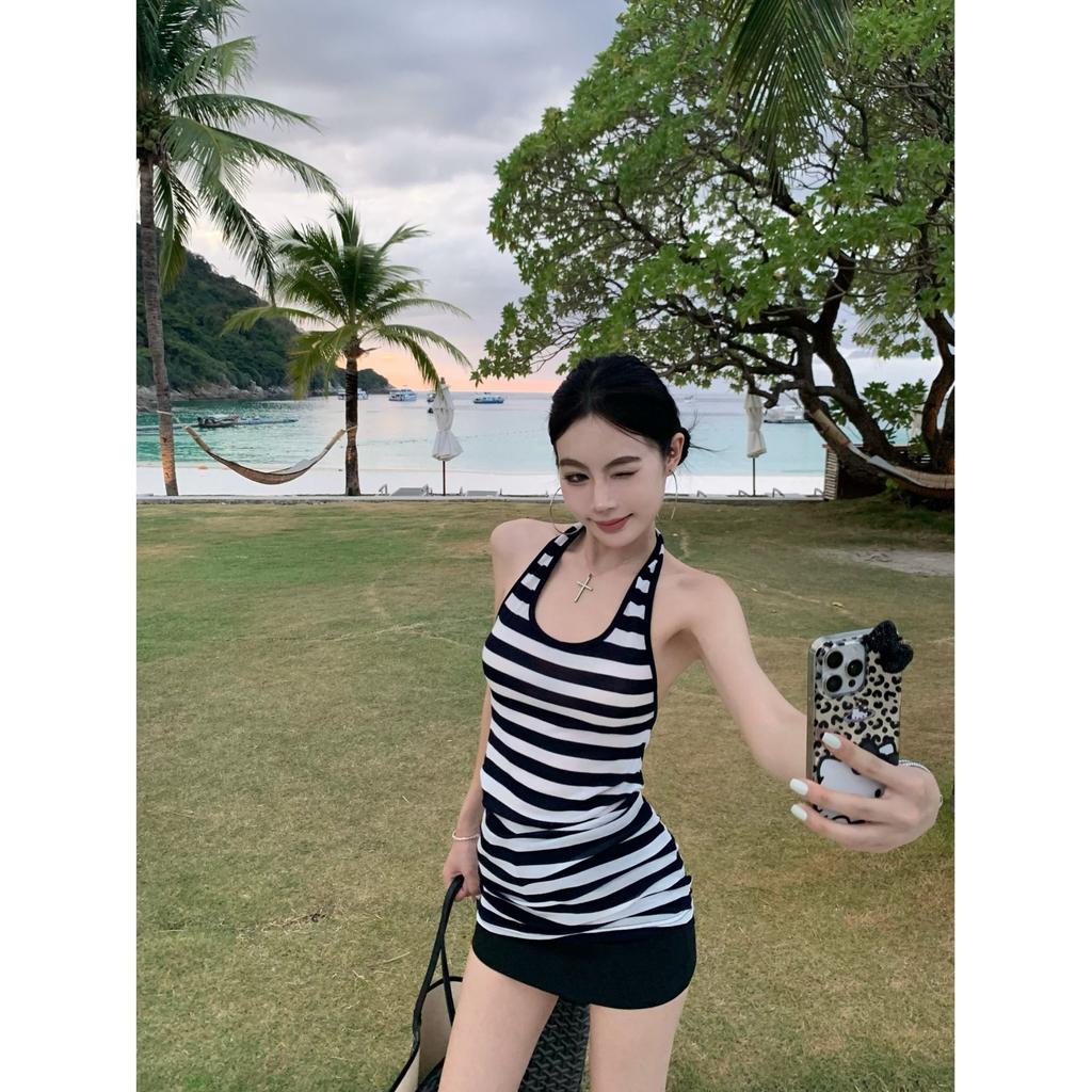 Sexy Spice Girl Style Neck Halter Striped Vest Summer Fashion Chic Slim Skinny Medium and Long Top Women's Trend