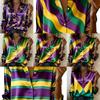 Women Satin Mardi Gras Purple Yellow Green Stripe Bow Print Shirt Long Sleeve Lapel Button Down Blouse Carnival Party Casual Ladies Multi Color Top