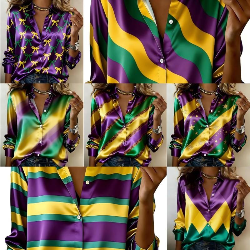 Women Satin Mardi Gras Purple Yellow Green Stripe Bow Print Shirt Long Sleeve Lapel Button Down Blouse Carnival Party Casual Ladies Multi Color Top