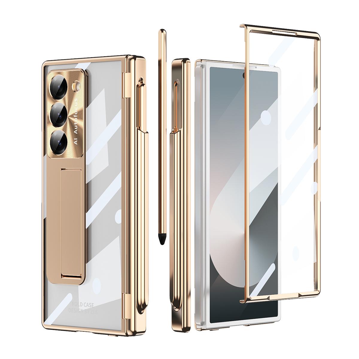 

For Samsung Galaxy Z Fold6 5G Case Stylus Slot Hinge Kickstand PC Cover with Screen Film/Stylus Champagne Gold