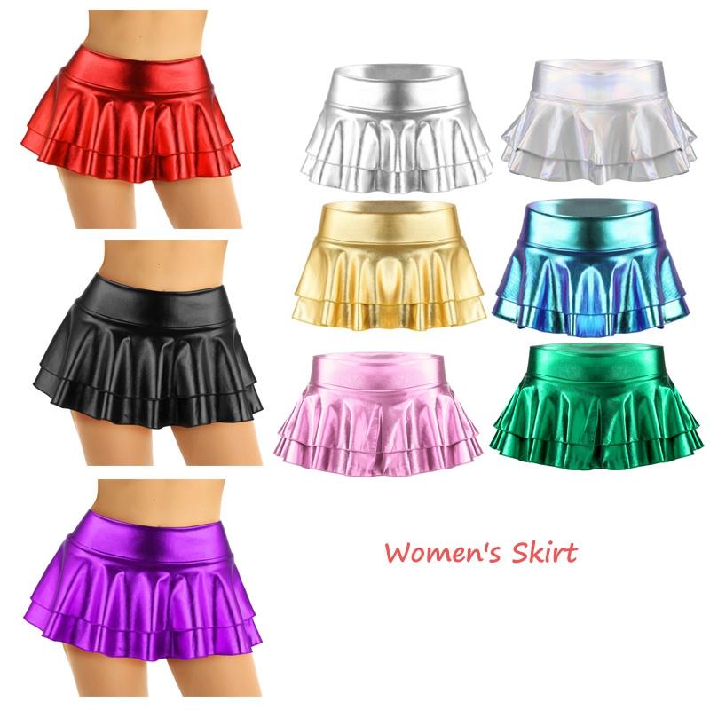 Womens Shiny Metallic Low Rise Ruffled Pleated Mini Skirts Rave Party Clubwear