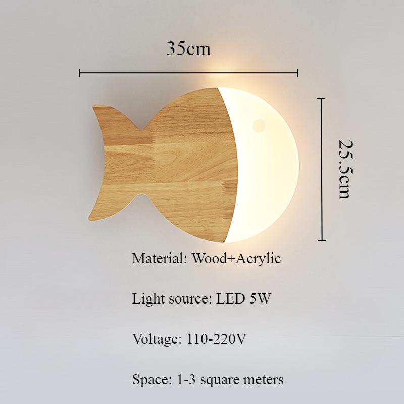 Nordic Wall Lamp Modern Simple for Boy Girl Children's Rooms Bedrooms Bedside Lamp Creative and Personalized Oak Fish LED Lights