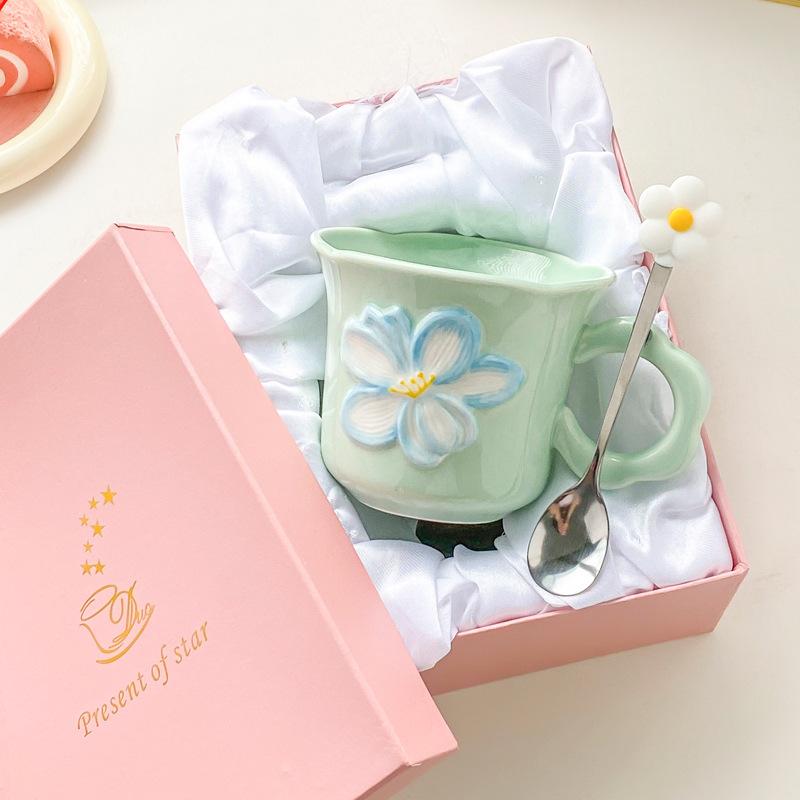 Ins Style High Value Flower Mug Girls Office Ceramic Drinking Cup Korean Coffee Cup Milk Cup