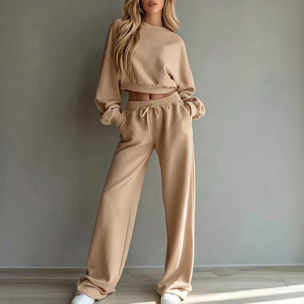 Women's Casual 2 Piece Outfit Set with Cropped Long Sleeve Sweatshirt and Wide Leg Pants