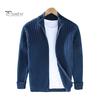 Fall Winter Men Coat Zipper Closure Knitted Cardigan Stand Collar Long Sleeves Solid Color Thick Elastic Loose Striped Texture Daily Wear Knit Jacket