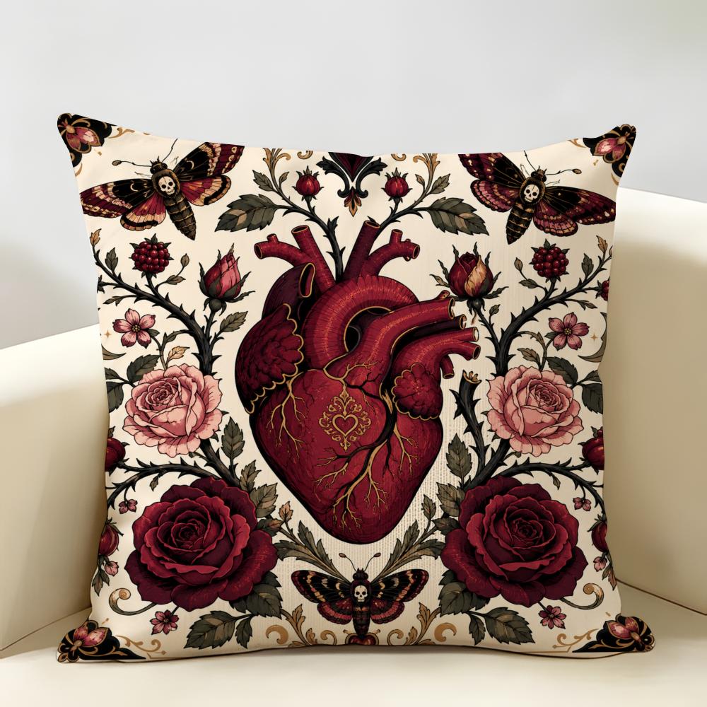 Anatomical Heart Maximalist Floral Art Cushion Cover Durable Hypoallergenic Organic Linen Pillow Cover Washable Skin-Friendly