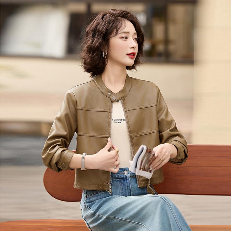 

Женская кожаная куртка с воротником-стойкой, новая весенне-осенняя, маленькая, с высокой талией, короткая, повседневная, мотоциклетная кожаная куртка, топ XL