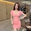 Temperament Celebrity Sexy Deep V-Neck Mesh Short Sleeve Bottom Skirt Pure Wish to Close Waist Skirt Hip Wrap Fake Two-piece Dress