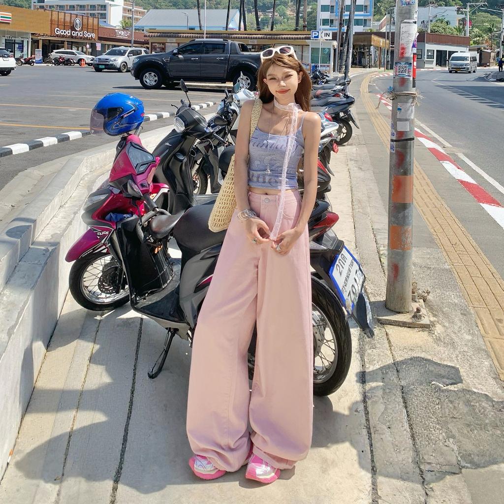 Early Spring Vintage High Waist Pink Saber Cut Relax Wide Leg Denim Pants For Ladies Casual Pants Oversize Denim Trousers