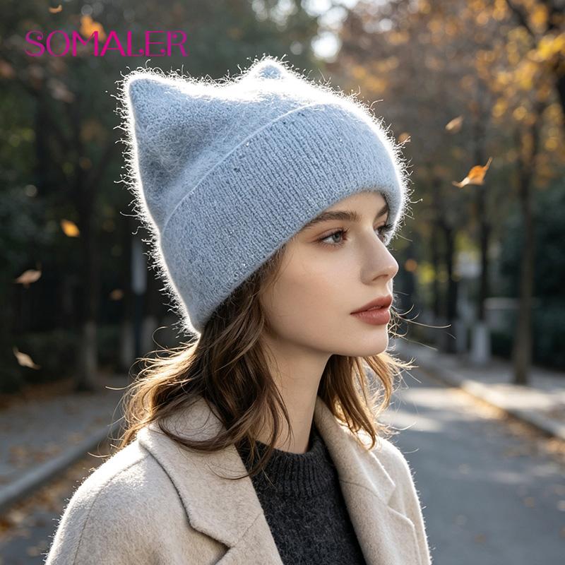 SOMALER Women's Autumn Winter Angora Knit Warm Hat with Brim and Sequin Decoration Cute Cat Design Beanie 54-58cm