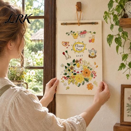 Artistic Hanging Calendar 2027 Wall with Wind And Flower Illustrations, Hand-Painted Retro Linen Personalized Office Planner Texture Paper,