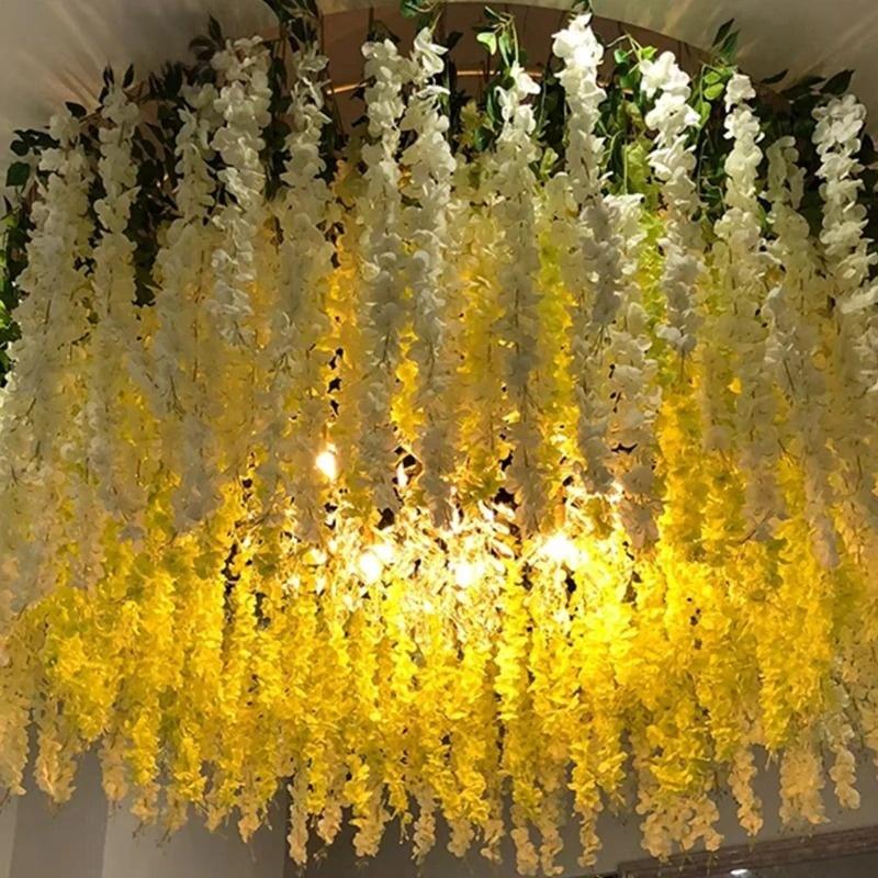 12pcs Fashion Wisteria Artificial Flowers Vine Wreath Wedding Arch Decoration Leaf Rattan Trailing Silk Flower Ivy Wall Decor