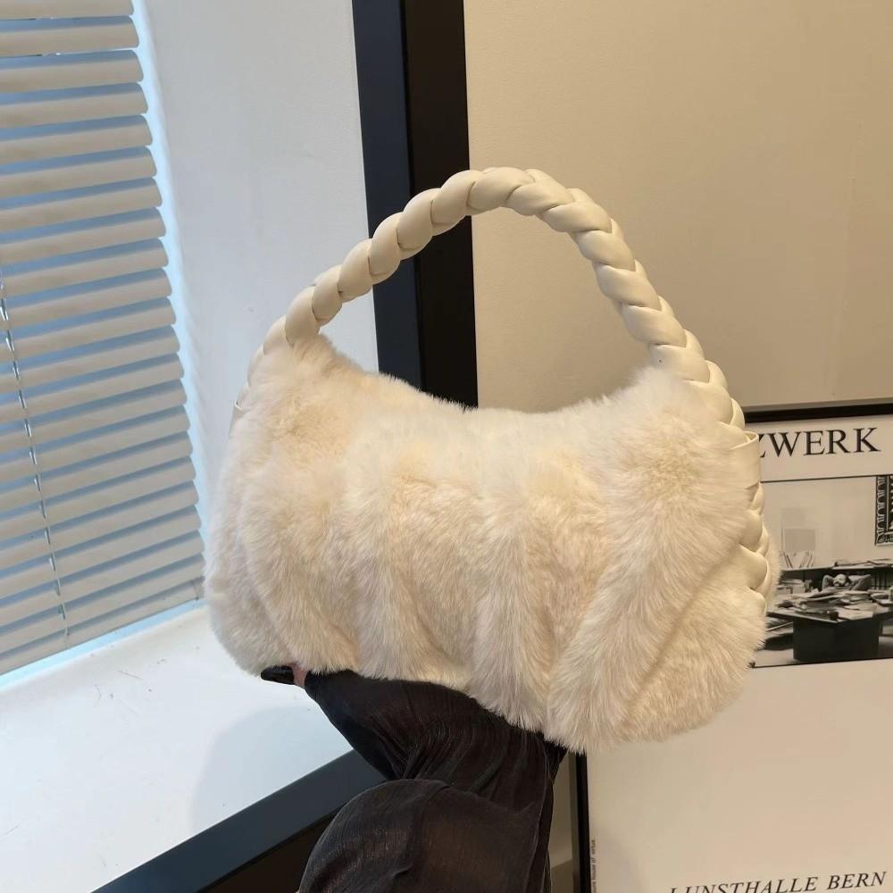 Luxury Furry Shoulder Bag Solid Color Soft Handbag Zipper Fluffy Clutch Bag