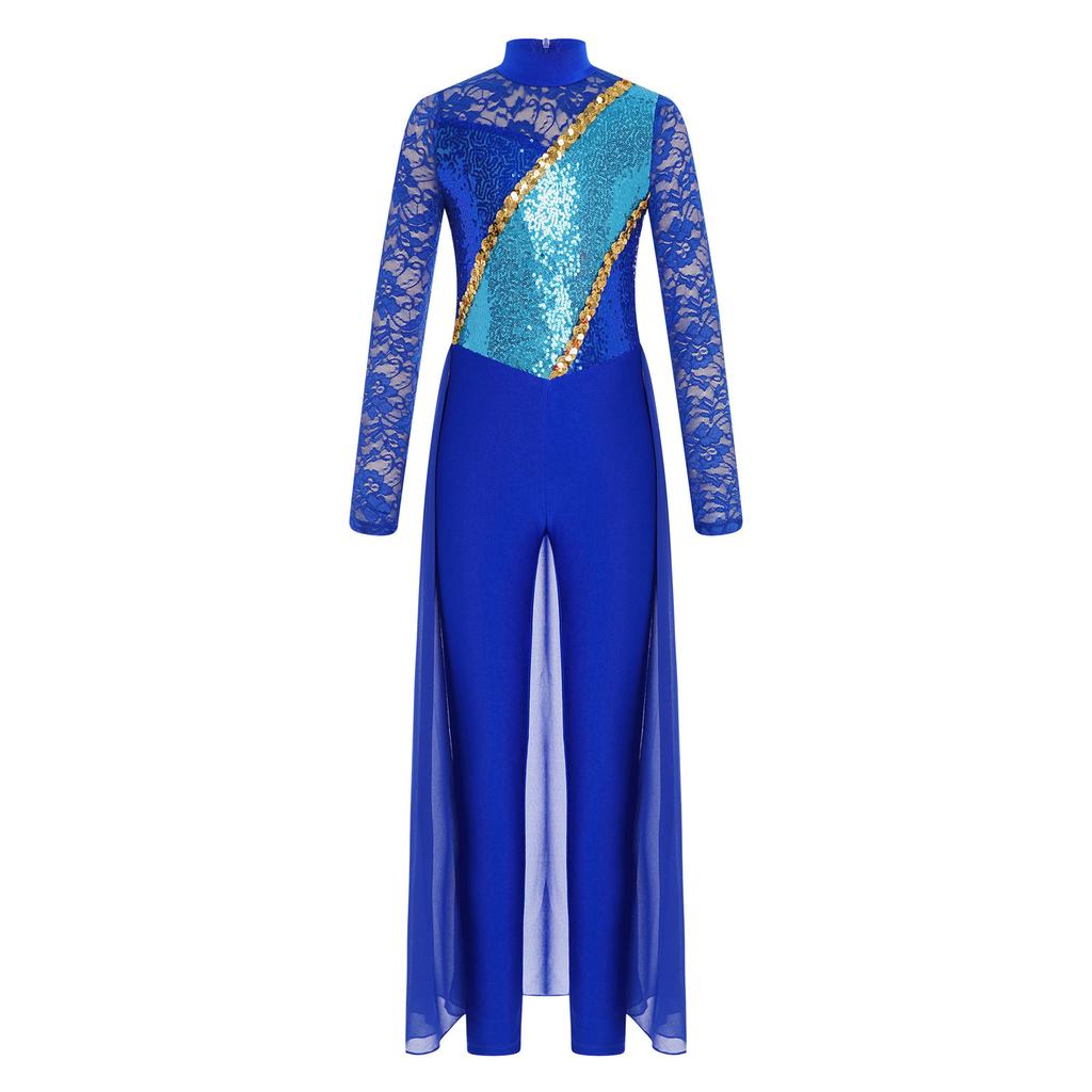 Fete Gimnastică Patinaj Artistic Salopetă Dantelă Florală Mânecă Lungă Gât Mock Paiete Fustă Șifon Salopete Costum de Dans