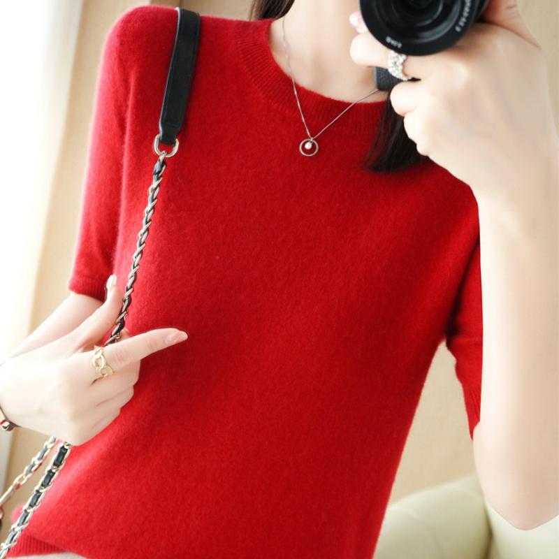 Women's Spring and Summer Short-sleeved Women O-neck Slim Pullover Vest T-shirt Knitted Base Sweater