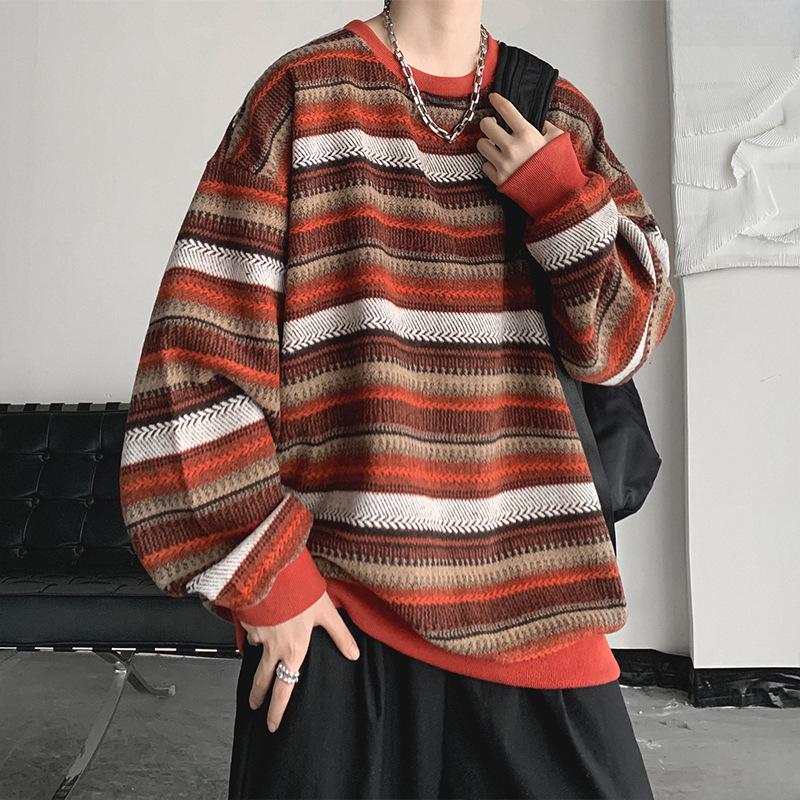 Men's Retro Striped Sweatshirt - Spring Trend Loose Fit, Round Neck, Korean Lazy Style Pullover