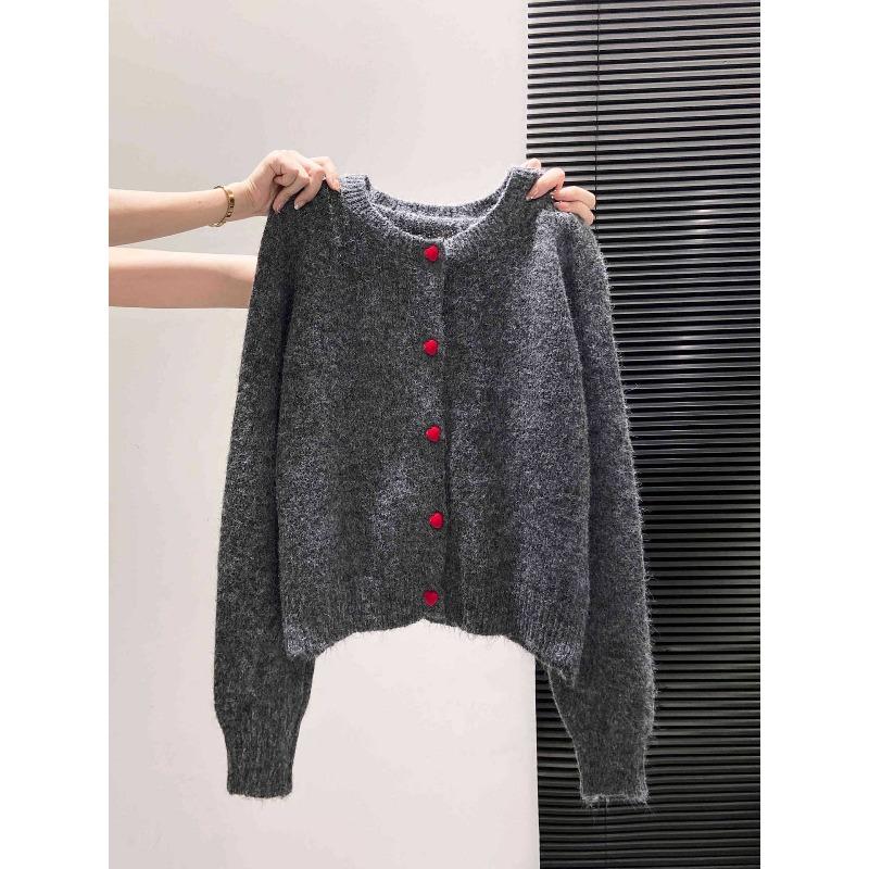 Age-reducing lazy wind loose sweater jacket women's autumn love button-up knitted top shoulder-sleeved cardigan