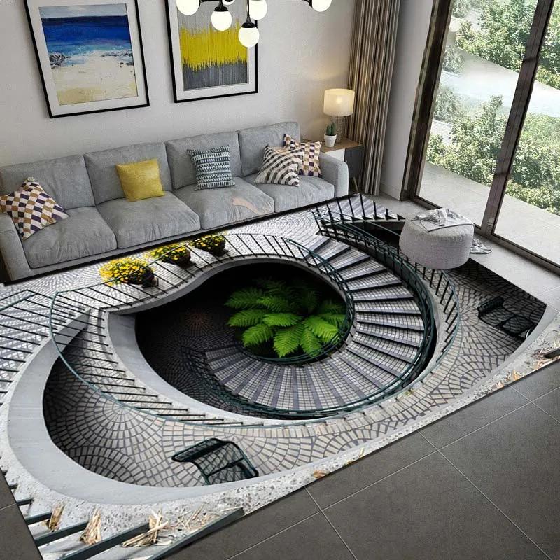 3D rotierende Treppenillusion Teppich für Wohnzimmer Bereichsteppich Schlafzimmer Heimdekoration Nachttisch Rutschfeste Fußmatte Waschbar