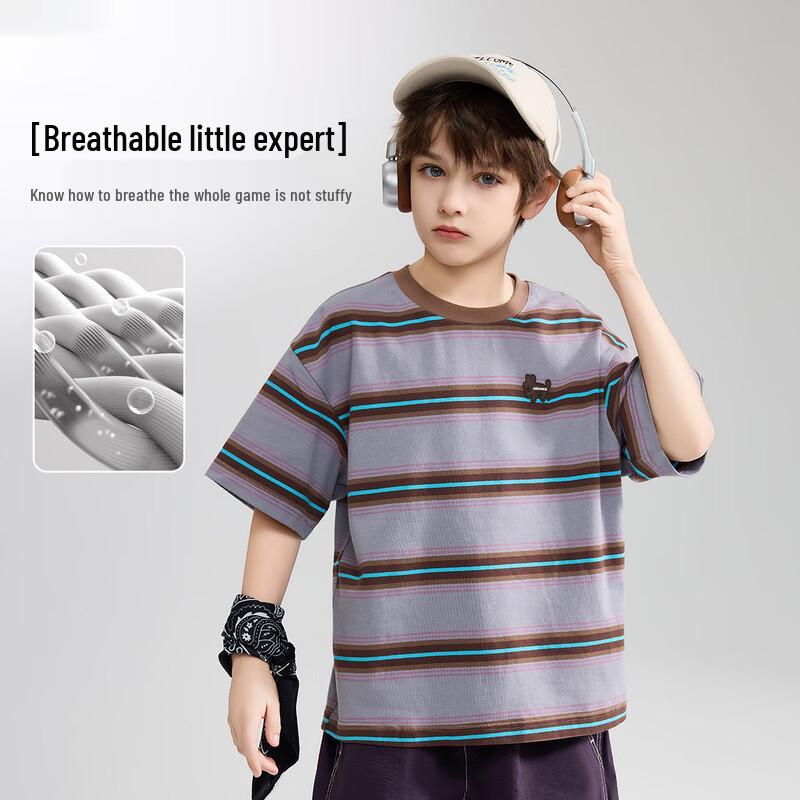 ASK JUNIOR Boys' Stripe Ribbed Round Neck Short Sleeve T-Shirt