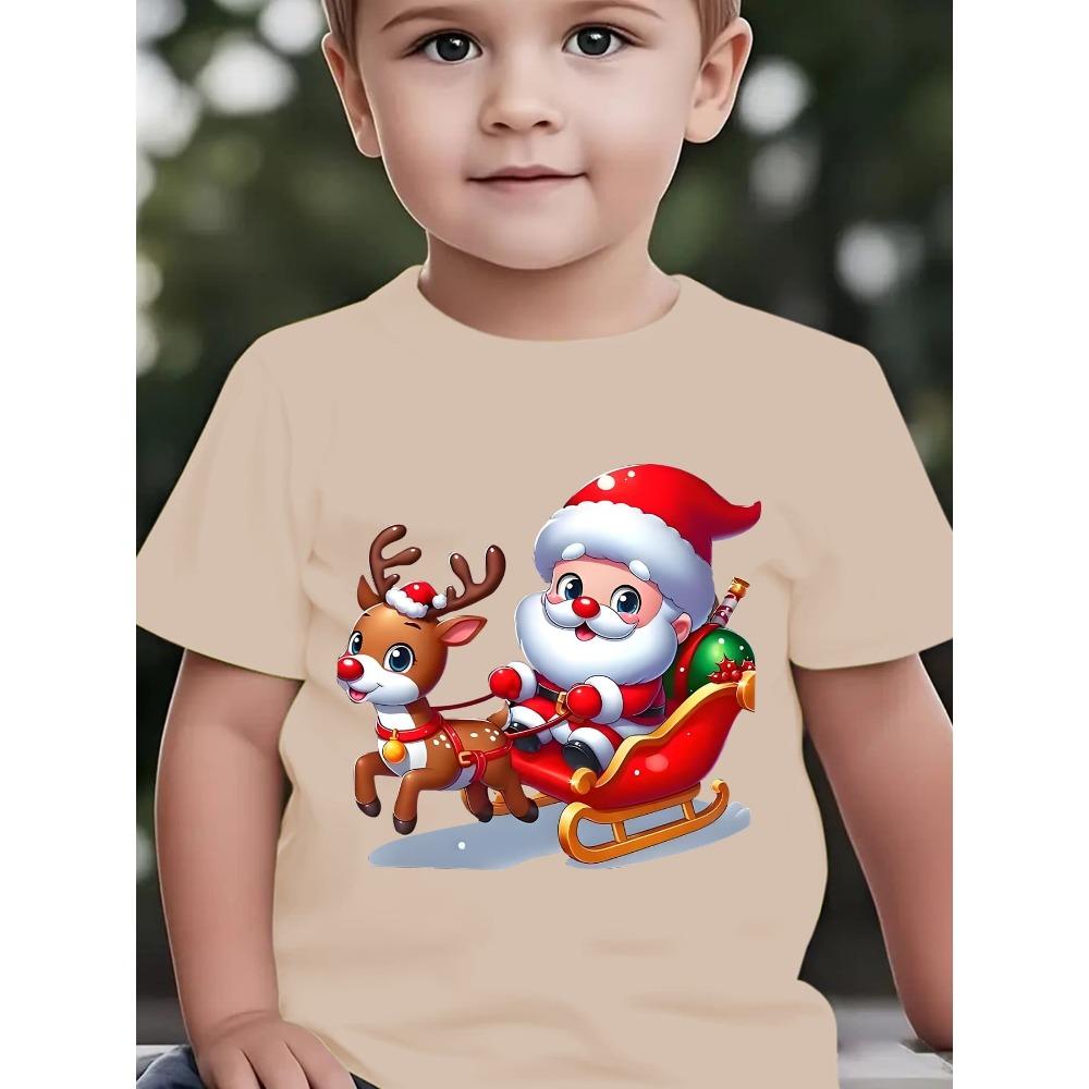 Summer Children's Fashion T-shirt Christmas Santa Claus Printed Outdoor Casual Parent Child Top Sitting on Elk Sled