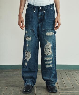 THEVINYLHOUSE Destroyed Double Knee Denim Pants Blue