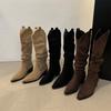French Retro Coffee Stacked Boots Western Cowboy Boots Summer and Autumn High Boots Women's Boots Small Khaki Boots