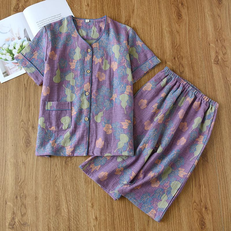 Women's Yarn-Dyed Cotton Pajama Set: Summer Short-Sleeve Top and 7/8 Gauze Pants