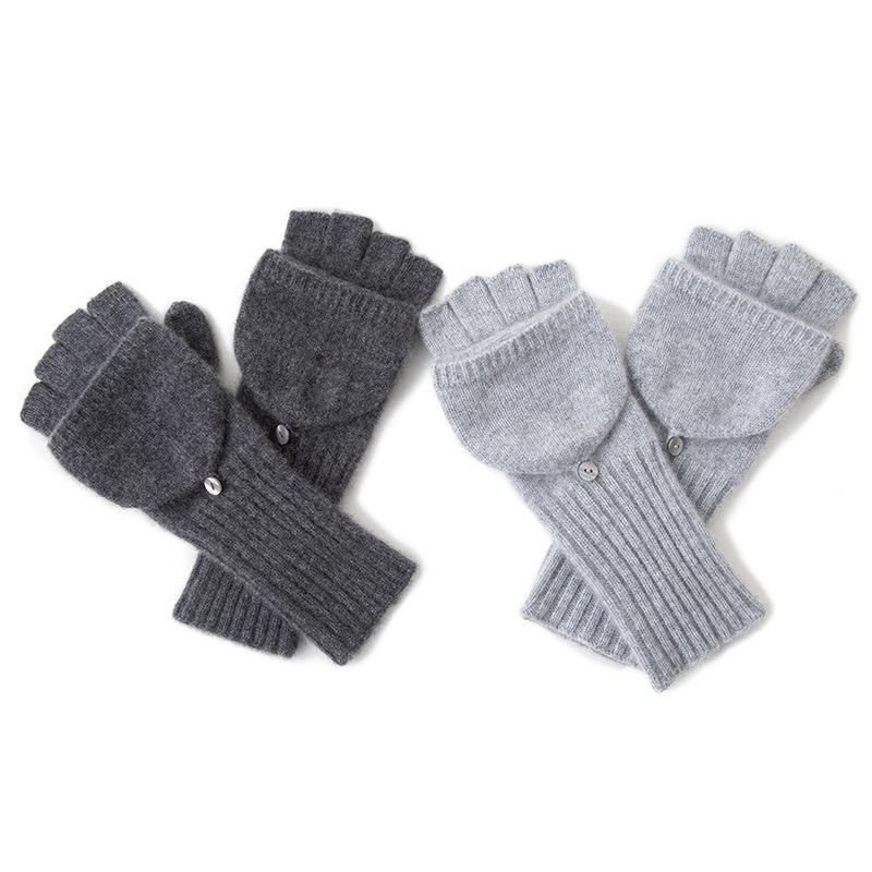 Cashmere Autumn and Winter New Solid Color Thickened Cycling Flip Cover Men's and Women's Cold Proof and Warm Knitted Split Finger Gloves