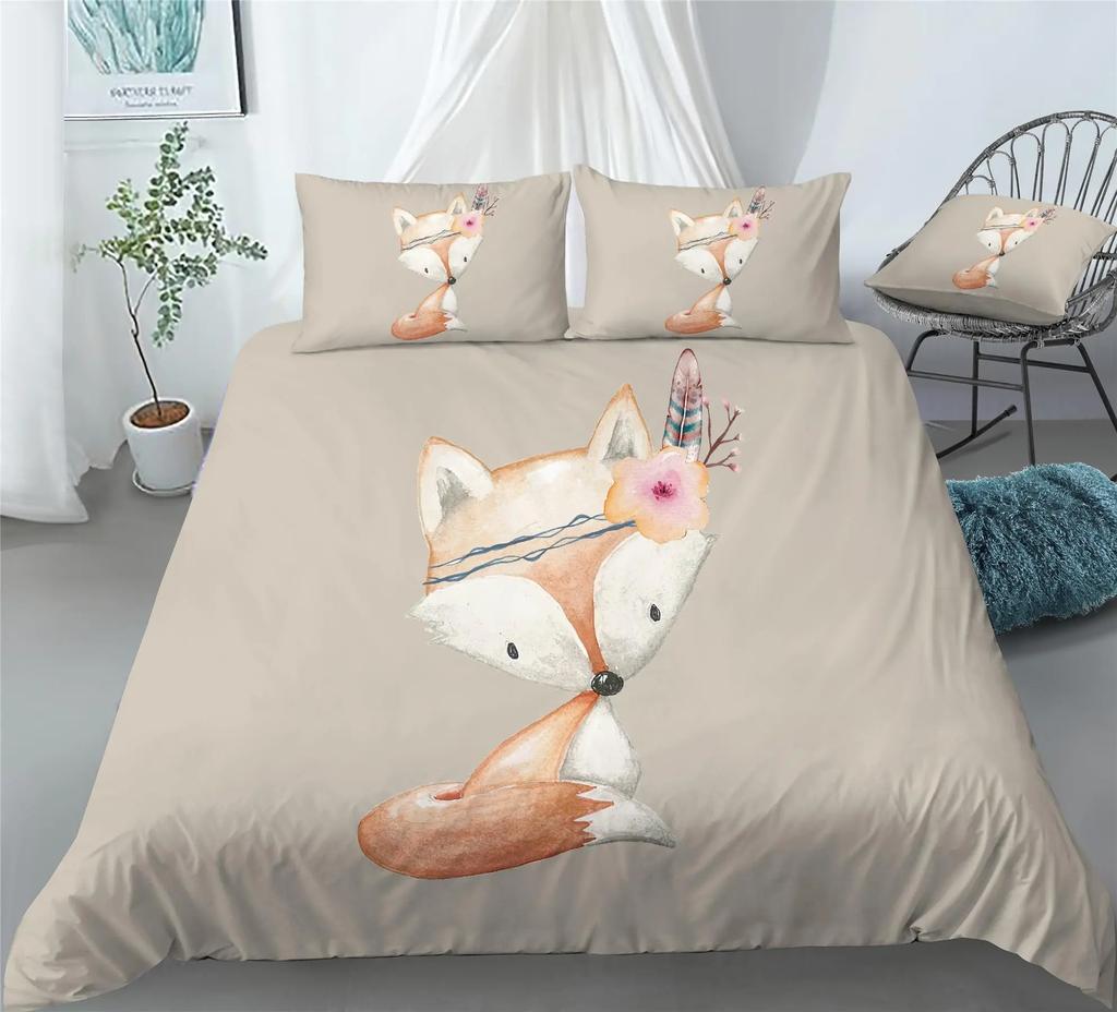 Kids Fox Bedding Set Toddler Natural Floral Comforter Cover Set For Boys Girls Blossom Flowers Pattern Duvet Cover
