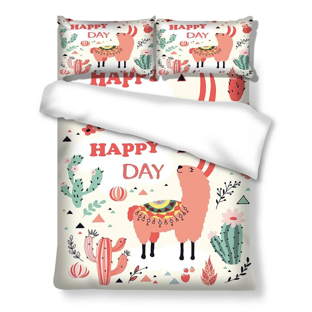 Cartoon Alpaca Duvet Cover King Queen Size Lovely White Animal Bedding Set for Kids Tropical Cactus 2/3pcs Polyester Quilt Cover